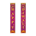 Close-up of Diwali door banners with Happy Diwali text and traditional Diya lamp patterns - Purple Oil Lamp Style (ZC Diwali Couplet 9)