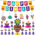Komplettes Happy Diwali Deko-Set mit Bannern, Spiralen und Tortenaufsätzen - Diwali Kombi Sieben