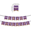 Detail view of purple and gold graduation banner with Congrats Grad text and dimensions - Single Set / Purple