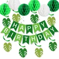 Tropical green birthday party decorations set with honeycomb balls and leaf banner - Happy Birthday Banner And Honeycomb Balls And Spiral Swirls Set / Green Combo
