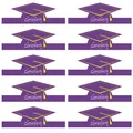 Detail view of ten purple graduation cap stickers with congrats text for party decor - Tassel Style (Purple)