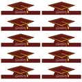 Detail view of burgundy graduation cap labels featuring white Congrats text and yellow tassels - Tassel Style (Wine Red)