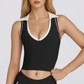 Slim fit yoga tank top with black body, white contrast piping and polo collar - S / Tops / Dark Black