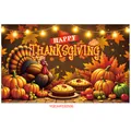 Happy Thanksgiving harvest backdrop featuring a cartoon turkey, pumpkins and fall leaves - Cartoon Turkey Pumpkin Pie (Poster 08)