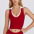 Women's burgundy yoga crop top with white polo collar and padded sleeveless design - S / Tops / Dark Red