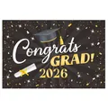 Abschlussfeier Hintergrund 2026 mit Congrats Grad Glitzer und Doktorhut Motiv - Schwarzer Hintergrund Gold & Weiß Konfetti Congrats GRAD 2026 Stil 17