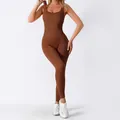 Brown sleeveless ribbed seamless yoga jumpsuit for fitness and active wear - Light Coffee 3304 (With Padded Cups)