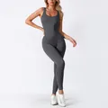 Sleek charcoal grey ribbed yoga bodysuit with seamless compression for high-impact training - Grey 3304 (With Padded Cups)
