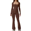 Schokoladenbrauner Yoga-Einteiler mit quadratischem Ausschnitt und ausgestelltem Bein - M / Kaffeebraun