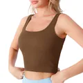 Brown ribbed seamless yoga sports vest with wide shoulder straps and square neckline - S / Light Coffee
