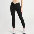Slim fit black ribbed yoga leggings featuring a crossover V-waist design for women - S / Bottoms / Black