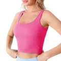 Slim fit rose pink ribbed cropped tank top for yoga with deep U-neckline and wide straps - S / Coral
