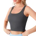 Εφαρμοστό ανθρακί γιόγκα crop top με ριμπ πλέξη και κομψή τετράγωνική τετράγωνη λαιμόκοψη - S (Χωρίς Μαξιλαράκια) / Γκρι