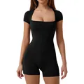 Seamless black square neck short sleeve yoga romper with ribbed athletic design - Black 4302