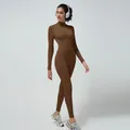 Women's dark brown ribbed long sleeve yoga jumpsuit with half zipper and slim fit design - S / Set / Light Coffee