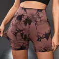Nahtlose High-Waist Yoga-Shorts mit braunem Batikmuster und hoher Elastizität - S / Rotbraun