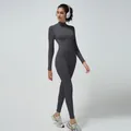 Deep grey ribbed long sleeve bodysuit with half-zipper and slim fit athletic silhouette - S / Set / Gray