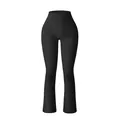 High-waisted black ribbed flare yoga pants with slimming elastic compression fit - L / Black