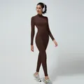 Deep brown slim fit ribbed jumpsuit with long sleeves and front half-zipper design - Coffee