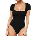 Body nero da donna a maniche corte con scollo quadrato e design elasticizzato senza cuciture - Taglia S / Top / 4301A Nero