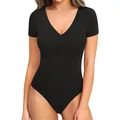 Women's black V-neck seamless short sleeve bodysuit in high elasticity yoga fabric - S / Black