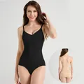 Seamless slimming bodysuit with thin straps and V-neck for tummy control in black and beige - Black (LT3403)