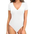 Slim fit white V-neck short sleeve yoga bodysuit in high-elastic seamless fabric - S / White