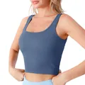 Damen Yoga Crop Top in Staubblau mit gerippter Textur, U-Ausschnitt und enger Passform - L (Ohne Brustpolster) / Blau