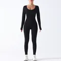 Seamless black rib-knit long sleeve yoga jumpsuit with high elasticity and tummy control - S / Top And Bottom / Single Layer (No Chest Pad/No Thumb Hole) / Black