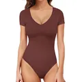 Slim fit deep brown V-neck short sleeve seamless bodysuit in high elastic knit fabric - S / Coffee