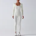 Sleek white seamless long sleeve yoga bodysuit with ribbed texture and U-neck design - S / Top And Bottom / Single Layer (No Chest Pad/No Thumb Hole) / Off White