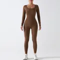 Seamless brown ribbed knit long sleeve yoga bodysuit with square neck and tummy control - S / Top And Bottom / Single Layer (No Chest Pad/No Thumb Hole) / Light Brown
