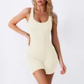 Ribbed seamless yoga bodysuit in cream beige, featuring a slim fit sleeveless design - S / Top And Bottom (Without Chest Pads) / Off White