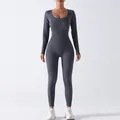 Dark grey seamless long sleeve yoga bodysuit with ribbed texture for workout - S / Top And Bottom / Single Layer (No Chest Pad/No Thumb Hole) / Gray