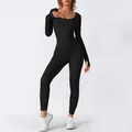 Slim fit black long sleeve seamless yoga jumpsuit with ribbed texture and thumb holes - S / Top And Bottom / Double Layer (With Chest Pads/Thumb Holes) / Black