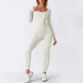 Ivory white seamless long sleeve yoga bodysuit with ribbed texture and thumbholes - S / Top And Bottom / Double Layer (With Chest Pads/Thumb Holes) / Off White