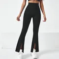 Slim fit black high-waisted flared leggings with stylish front slit hem design - S / Black