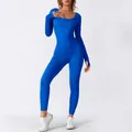 Seamless royal blue ribbed yoga jumpsuit with long sleeves and thumbholes for workout - XL / Top And Bottom / Double Layer (With Chest Pads/Thumb Holes) / Klein Blue