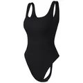 Sleeveless black ribbed bodysuit for women featuring a scoop neck and a slim fit design - S / Black