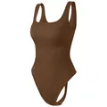 Brown ribbed bodysuit featuring square neck and wide straps in a seamless athletic design - S / Light Coffee