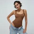 Brown ribbed seamless yoga bodysuit with wide straps and u-neck design for training - S / Light Coffee