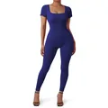 Royal blue short sleeve ribbed jumpsuit with square neck and slim fit long pants - S / Blue With Chest Pad