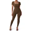 Short sleeve ribbed yoga jumpsuit with chest pads in deep brown seamless fabric - S / Light Coffee Without Chest Pad