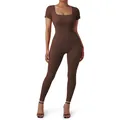 Deep brown ribbed short sleeve jumpsuit with square neckline and slim fit design - S / Coffee With Chest Pad