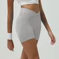 Seamless high-elastic grey yoga shorts with a stylish crossover high-waisted design - Light Lime