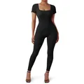 Short sleeve ribbed black yoga jumpsuit with square neck and padded bust detail - S / Black With Chest Pad
