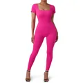 Short sleeve ribbed knit jumpsuit with square neck in bright hot pink finish - S / Hot Pink With Chest Pad