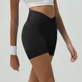 Black high-waisted yoga shorts with V-cross waistband and ribbed texture for fitness - XL / Black