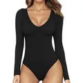 Women's black V-neck long sleeve yoga bodysuit with slim fit athletic design - S / Black