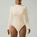Slim fit cream apricot long sleeve ribbed bodysuit with turtleneck for fitness and yoga - S / Beige Ribbed